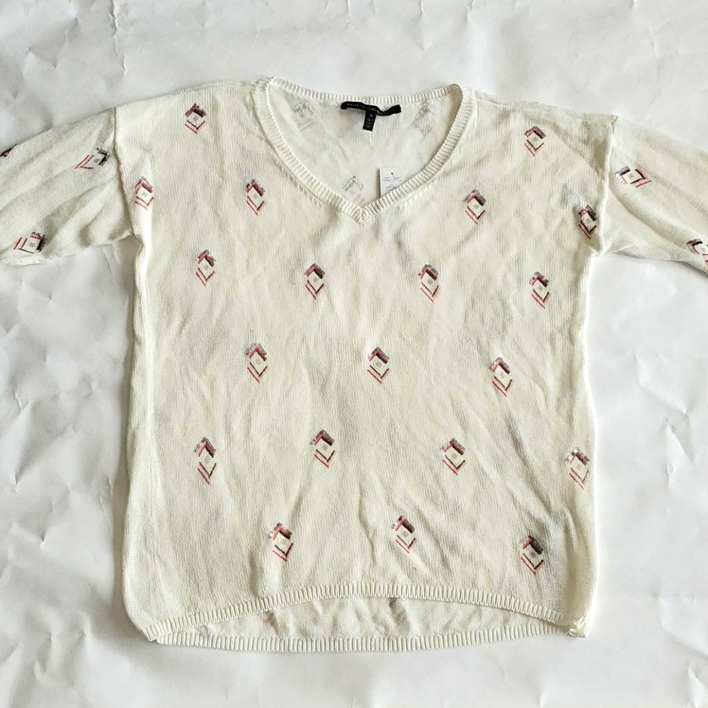 WHBM Ivory V-Neck Embellished Pullover Sweater